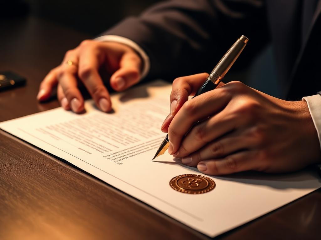 Signing a legal agreement with official seal